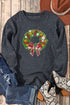 Gray Christmas Wreath Print Corded Pullover Sweatshirt